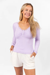 Make Your Choice Lilac Ribbed Lace Trim Henley Long Sleeve Tee FINAL SALE