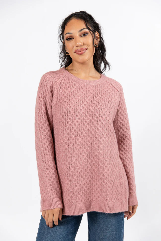 Cable Knit Cuddles Mauve Oversized Crew Neck Sweater