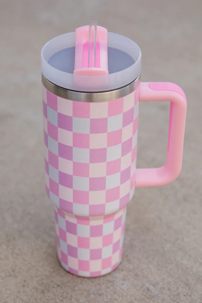 Sippin' Pretty Multi Pastel Checkered 40 oz Drink Tumbler With Lid And Straw SALE