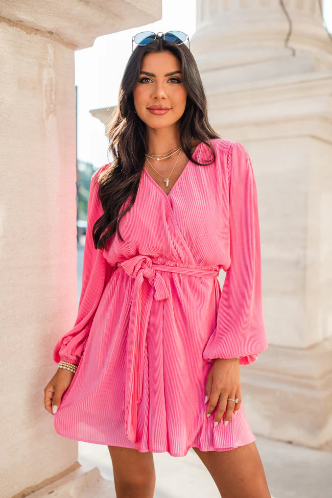 Colors Of My Heart Pink Solid Tie Belt Dress