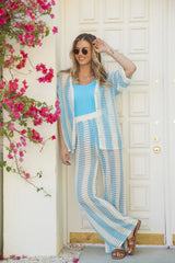 Along The Beach Blue Button Up Crochet Striped Top SALE