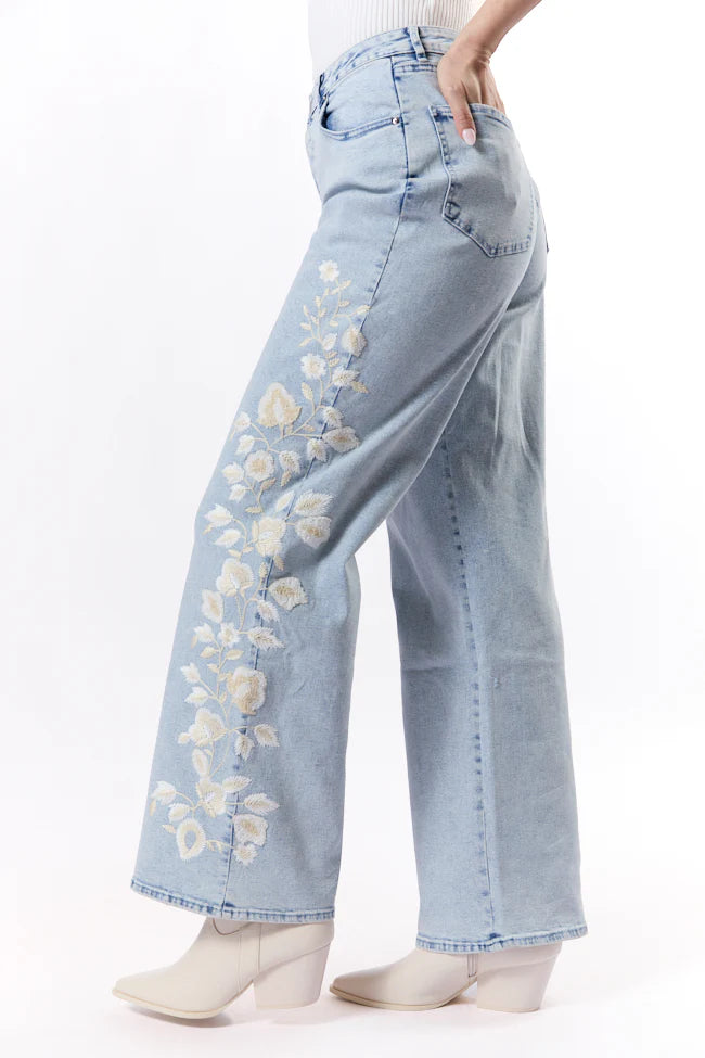 Daisy Light Wash Floral Embroidered Wide Leg Jeans