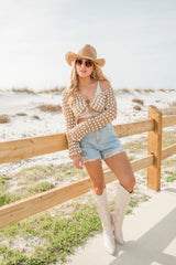 Tie That Binds Tan And Ivory Crochet Crop Long Sleeve Top SALE