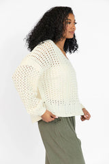 Morning Markets Cream Open Knit V-Neck Sweater