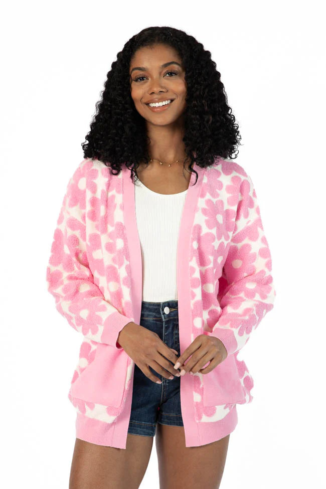 Better Believe It Pink Floral Print Terry Cloth Cardigan