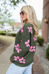 Keep You Around Olive and Pink Floral V-neck Sweater SALE