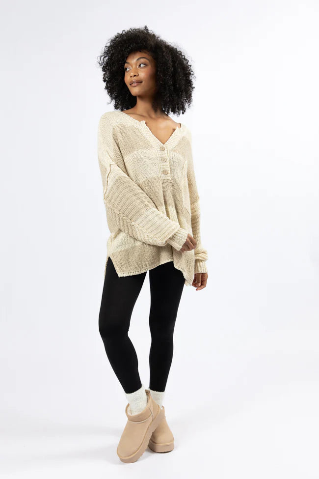 Know You Best Beige Oversized Striped Henley Sweater