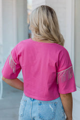 Hold On Loosely Pink Rhinestone Shoulder Detail T-Shirt SALE