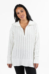 Forever Yours White Cable Knit Chenille Quarter Zip Sweater SALE