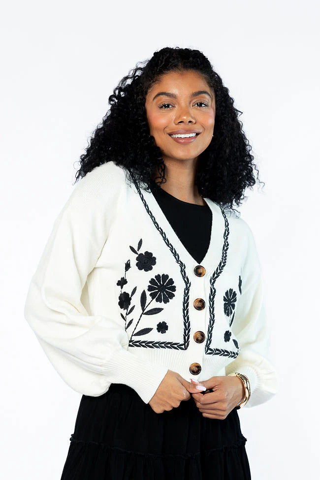 Bloom With Grace Ivory and Black Floral Embroidered Cardigan