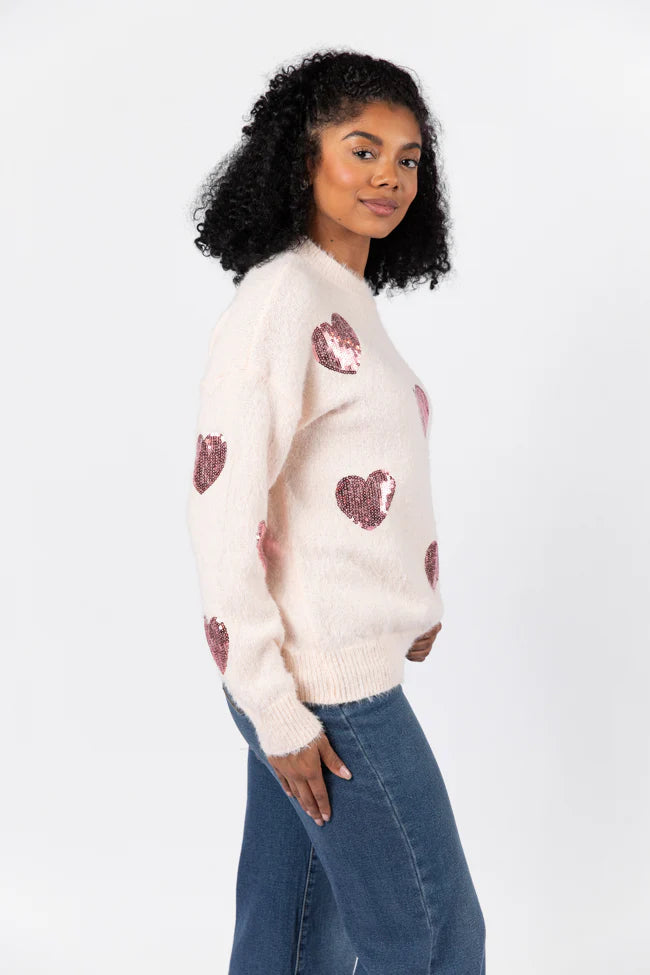 True Romance Blush Sequin Heart Sweater FINAL SALE