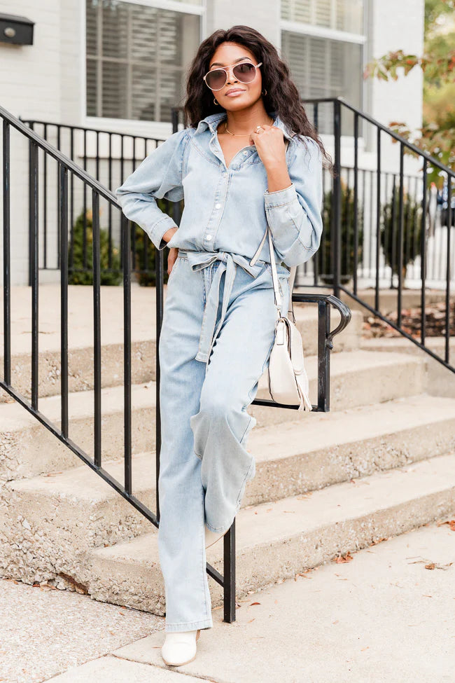 One More Time Long Sleeve Belted Denim Button Up Jumpsuit FINAL SALE