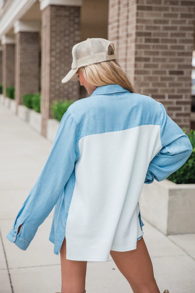 Talk It Over Waffle Detail Chambray Button Front Blouse SALE