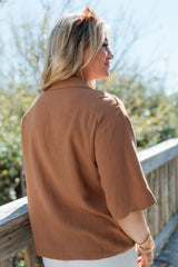 Taking A Risk Brown Pocketed Button Front Top SALE