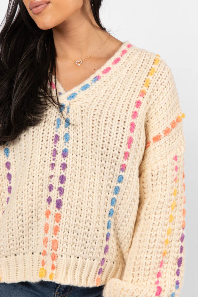 Day We Met Cream Multi Color Stitched Detail V-Neck Sweater SALE