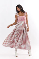 Checked Treasures Pink and Brown Plaid Tiered Midi Dress