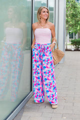 Fashionably Late Geometric Blue And Pink Belted Pants SALE