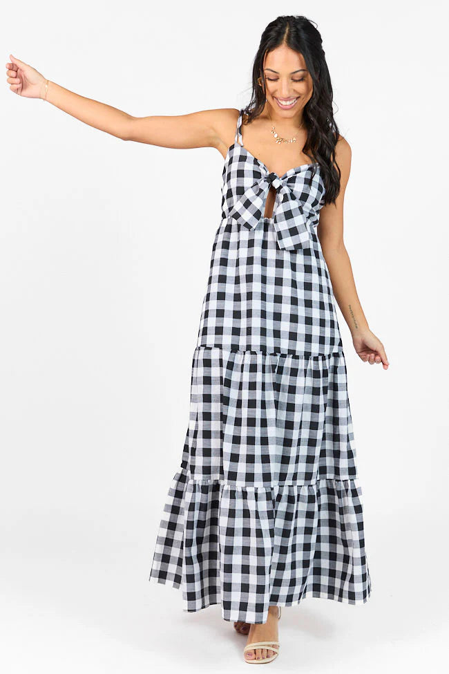 Checked Out Black and White Gingham Tie Front Maxi Dress