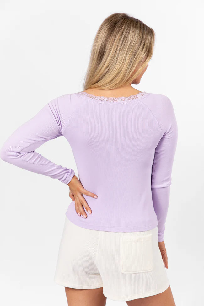 Make Your Choice Lilac Ribbed Lace Trim Henley Long Sleeve Tee FINAL SALE