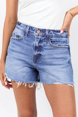 Emmy High Waisted Stretch Relaxed Raw Hem Denim Shorts