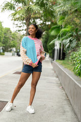 Delightful Days Blue, Pink, and Orange Multi Color Block Striped Sweater