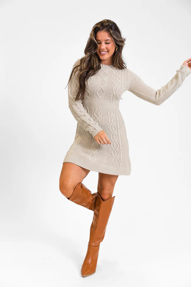 Living for Friday Beige Cable Knit Sweater Dress FINAL SALE