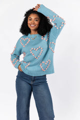 Adore You Blue and Pink Oversized Heart Pom Sweater FINAL SALE