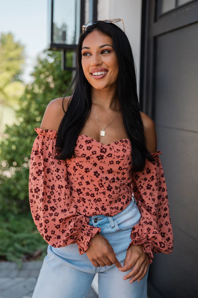 Don't Look Back Brick Floral Print Off The Shoulder Corset Blouse FINAL SALE