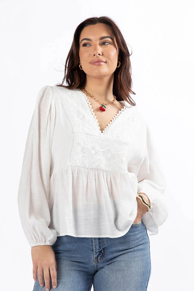 Glistening Lights Ivory Lace Detail Woven Long Sleeve Blouse