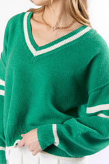 All The Good Green V-Neck Varsity Sweater