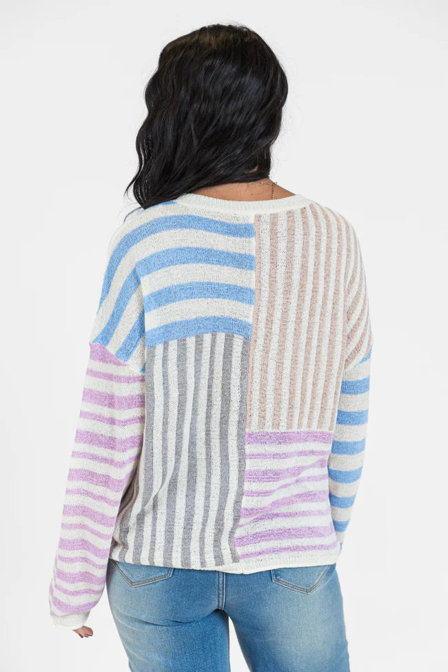 He Loves Me Taupe Multi Stripe Lightweight Sweater