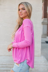 On One Hand Pink Ribbed Knit Oversized Henley Top