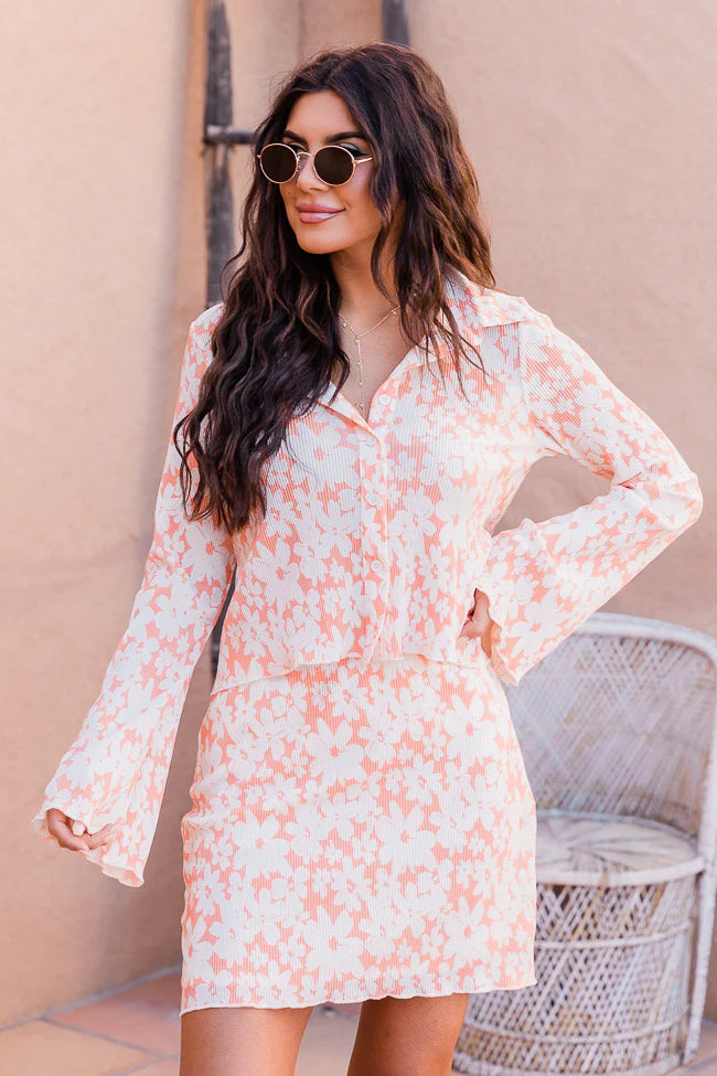 Convince Me Coral Floral Plisse Button Up Top FINAL SALE