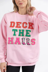 Deck The Halls Chenille Patch Light Pink Oversized Graphic Sweatshirt FINAL SALE