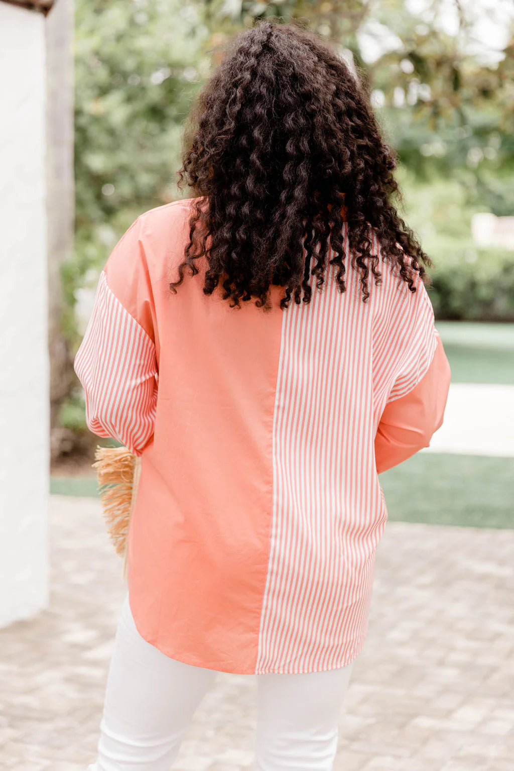 Get It Right Coral Striped Button Front Color Block Blouse FINAL SALE