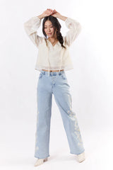 Daisy Light Wash Floral Embroidered Wide Leg Jeans