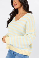 Wait A Minute Yellow and Blue Multi Striped V-Neck Sweater