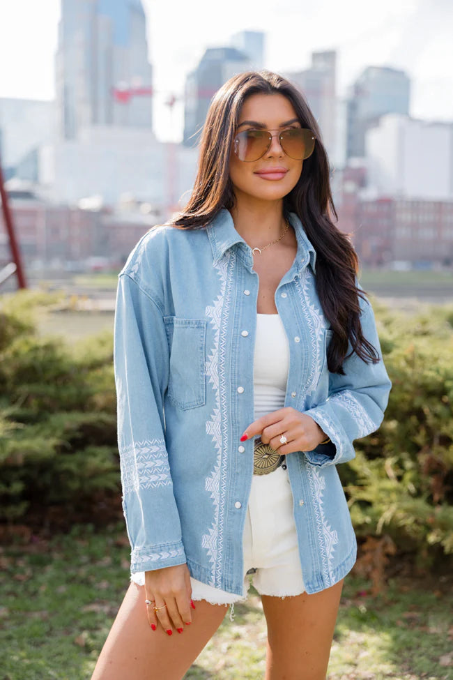 Remember Me Medium Wash Embroidered Trim Chambray Shacket SALE