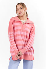 Pulling Heartstrings Coral Multi Stripe Quarter Zip Pullover