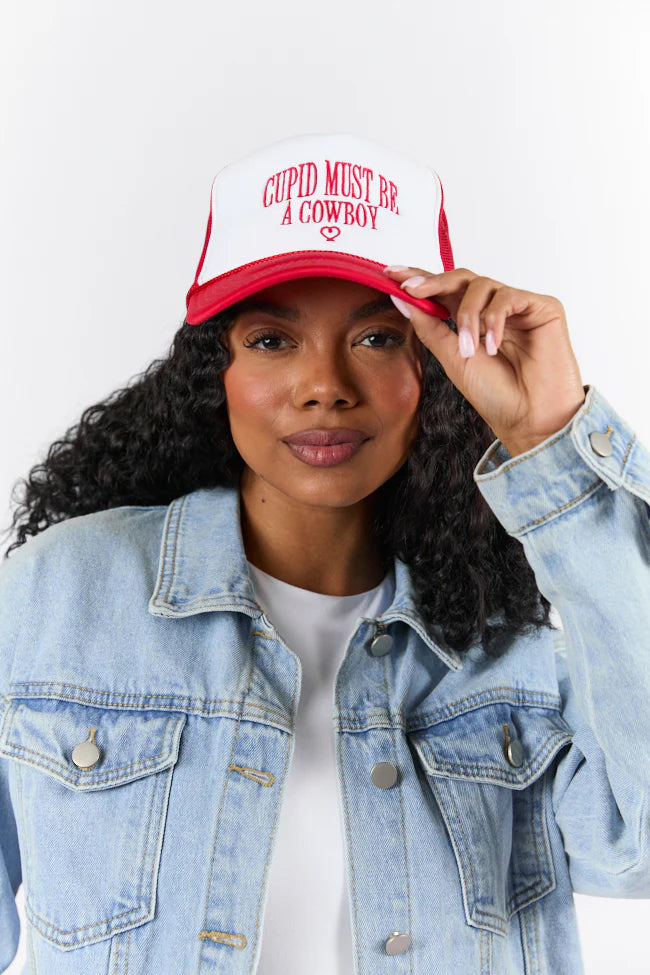 Cupid Must Be A Cowboy Red and White Trucker Hat FINAL SALE