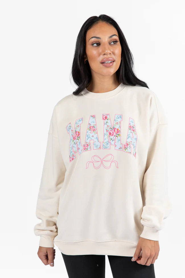 Mama Floral Bow Cream Oversized Graphic Sweatshirt