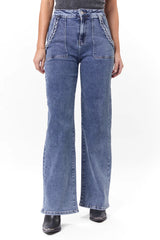 Carolyn Medium Wash Braided Pocket Wide Leg Jeans