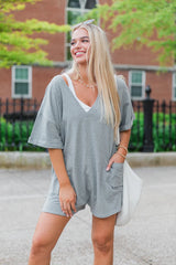 On A Daily Basis Heather Grey Deep V-Neck Pocketed Romper SALE