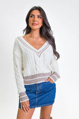 City Line Ivory Varsity V-Neck Sweater FINAL SALE