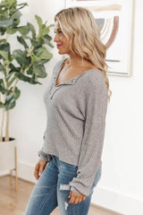 Lasting Words Split Heather Grey V-Neck Ribbed Blouse FINAL SALE