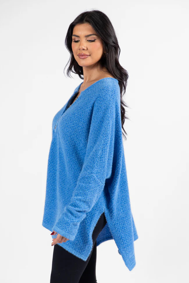 Thinking Of You Blue Fuzzy Henley Blouse SALE