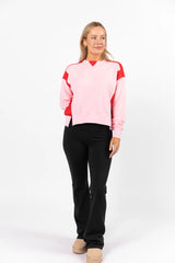 Far Between Pink and Red Contrast Trim Crew Neck Sweatshirt