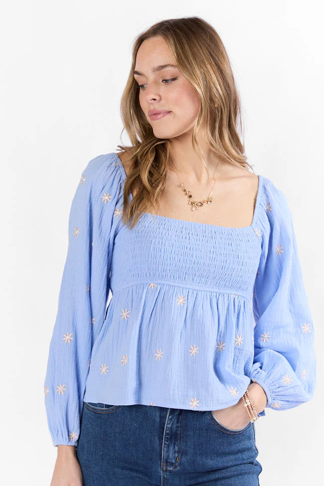 Darling Days Blue Floral Embroidered Gauze Top