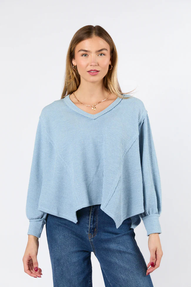 Never Say Never Dusty Blue Ribbed Knit V-Neck Long Sleeve Top