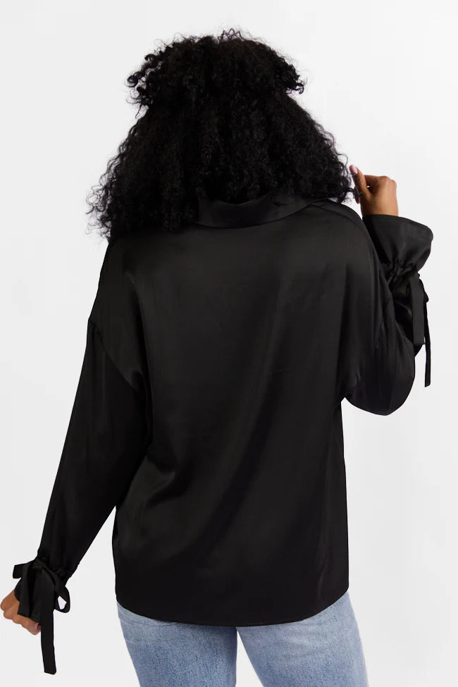 Think It Through Black Bow Cuff Satin Button Down Shirt